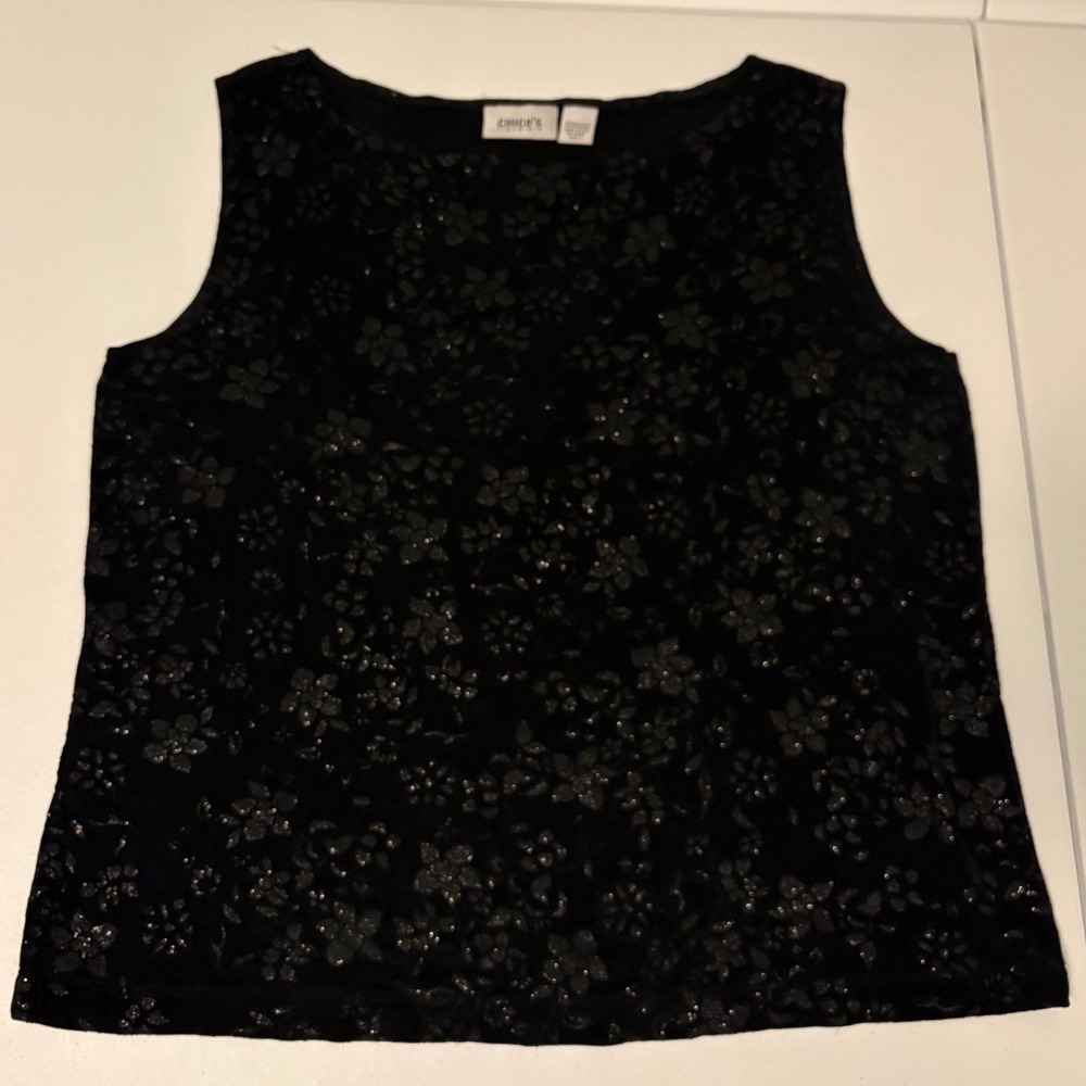 Vintage Chicos Travelers Black Glitter Floral Tank Top Sleeveless Shell L g5